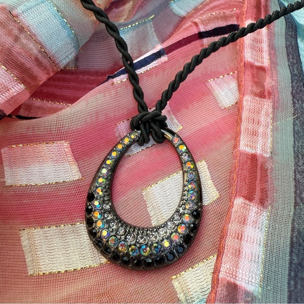 Lia Sophia Retired Black Cord Necklace w/ Sparkly Crystal Teardrop Oval Pendant
